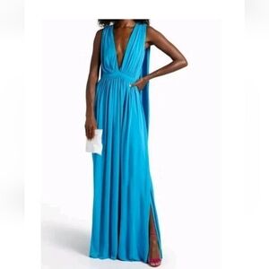 Halston Heritage Nwt Blue Plunging Neck Cape Floor length Gown Size 6